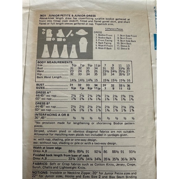 Butterick Vintage Uncut Junior Petite and Junior Dress Size 9 Pattern No 3631 - Picture 4 of 7